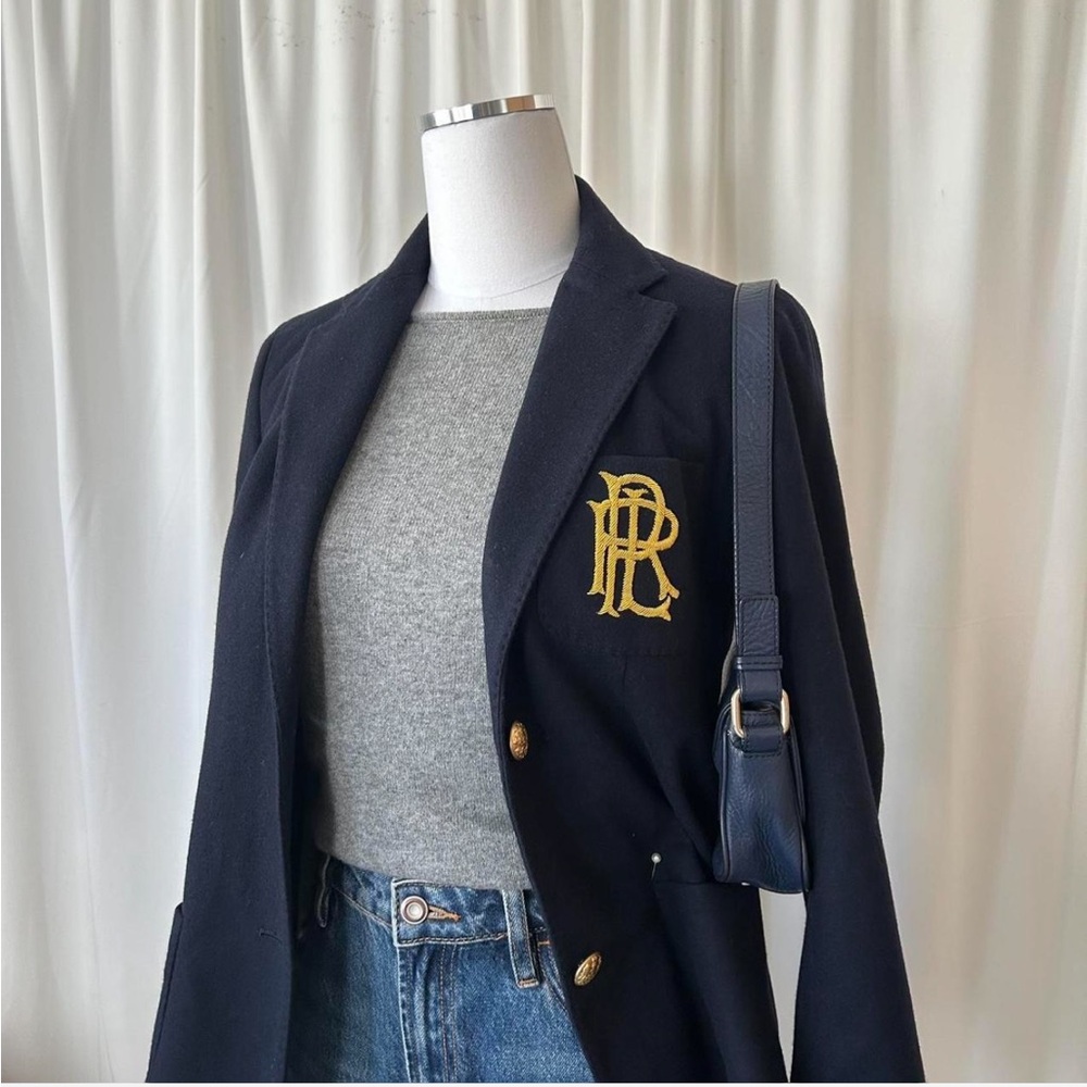 Navy blue Ralph Lauren blazer wool cashmere with gold embroidered monogram. - Picture 3 of 8